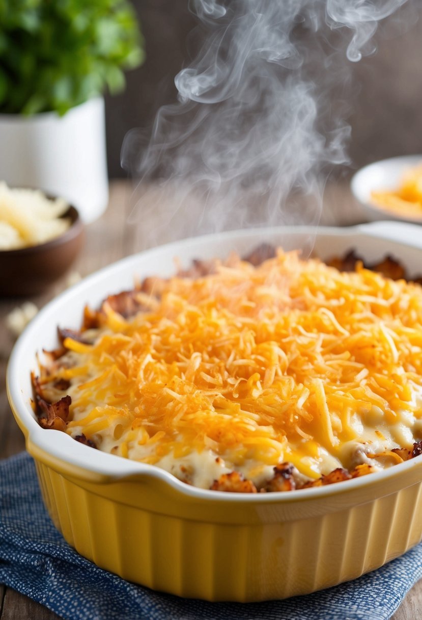 A steaming casserole dish filled with cheesy hash brown casserole, topped with a golden, crispy layer of shredded potatoes