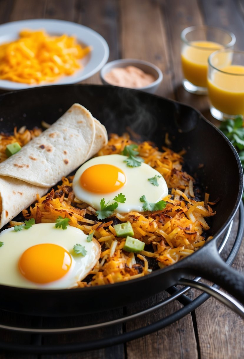 A sizzling skillet with hash browns, eggs, and cheese, ready to be rolled into breakfast burritos