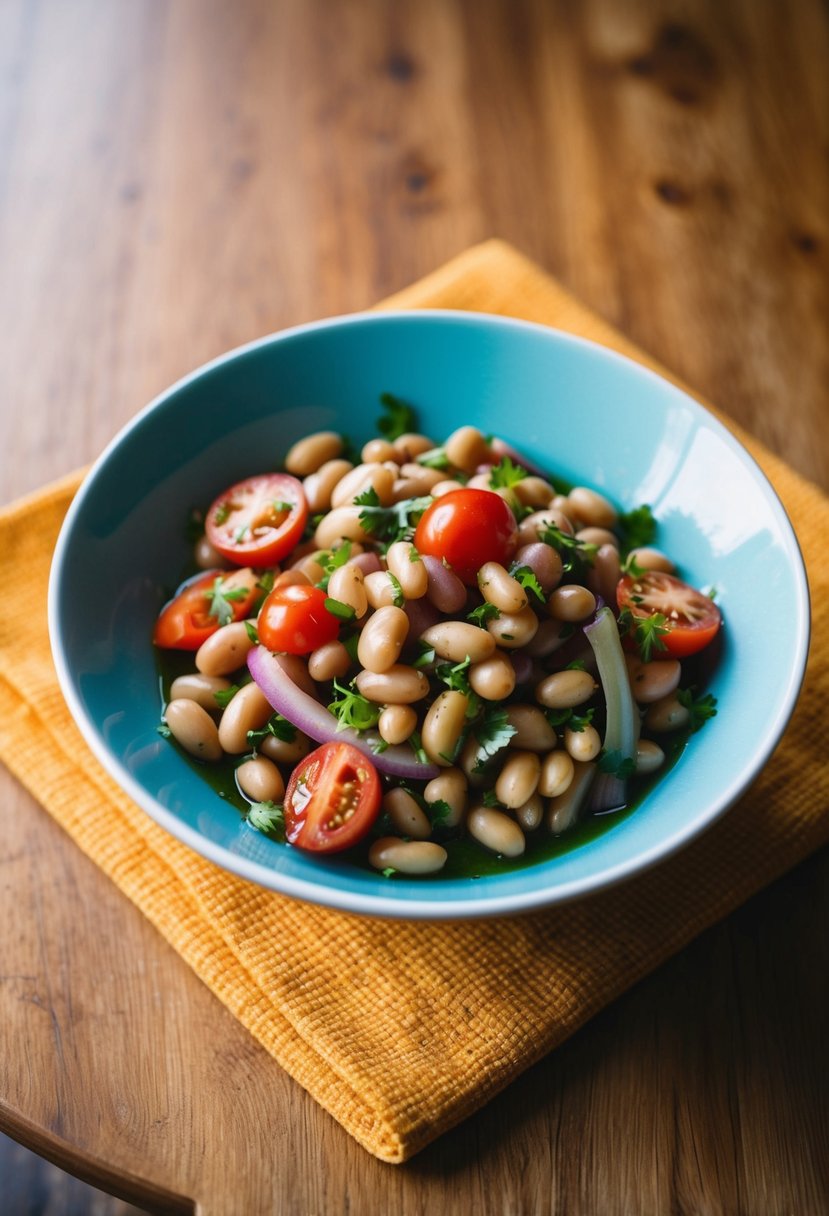 A colorful bowl of mixed beans, tomatoes, and onions, tossed in a tangy vinaigrette, sitting on a wooden table