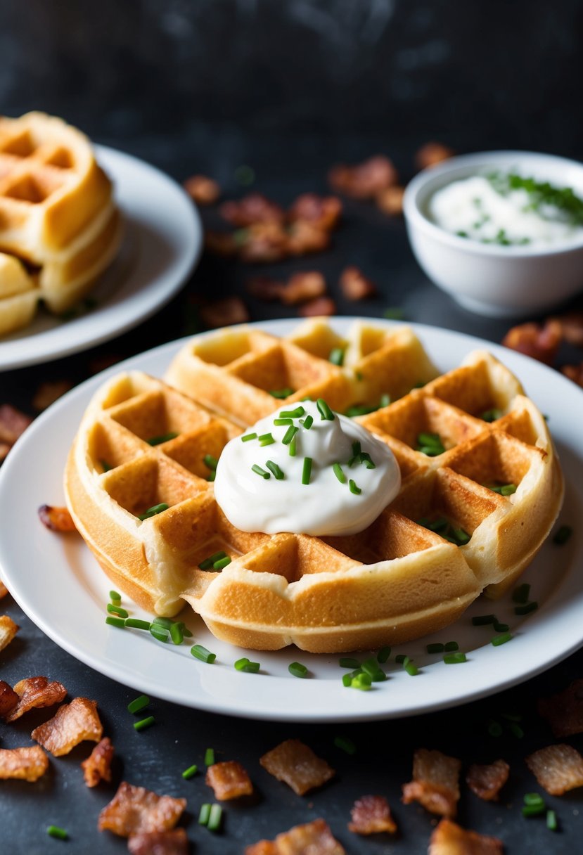 A plate of golden hash brown waffles topped with a dollop of sour cream and a sprinkle of chives, surrounded by a scattering of crispy bacon bits