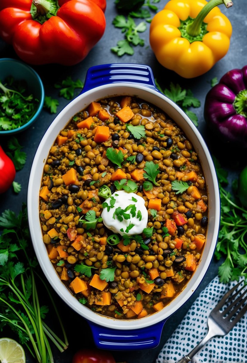 A colorful casserole dish filled with Mexican lentils and beans, surrounded by vibrant vegetables and herbs