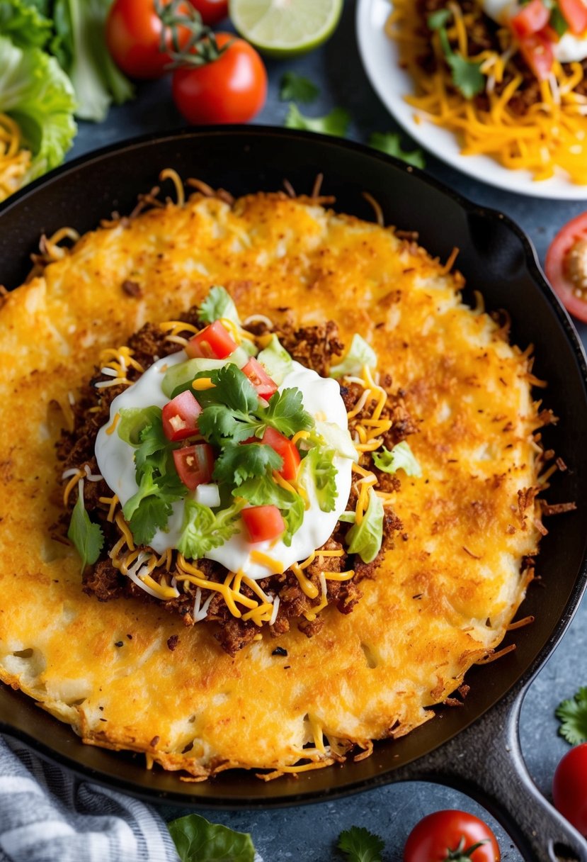 A sizzling skillet of golden hash browns, topped with spicy taco seasoning and colorful toppings, surrounded by vibrant ingredients like tomatoes, lettuce, and cheese