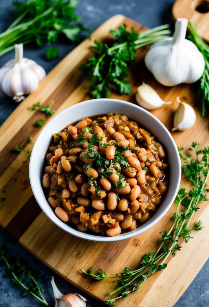 A wooden cutting board with a bowl of mashed pinto beans mixed with garlic and herbs, surrounded by fresh ingredients like garlic cloves and herbs