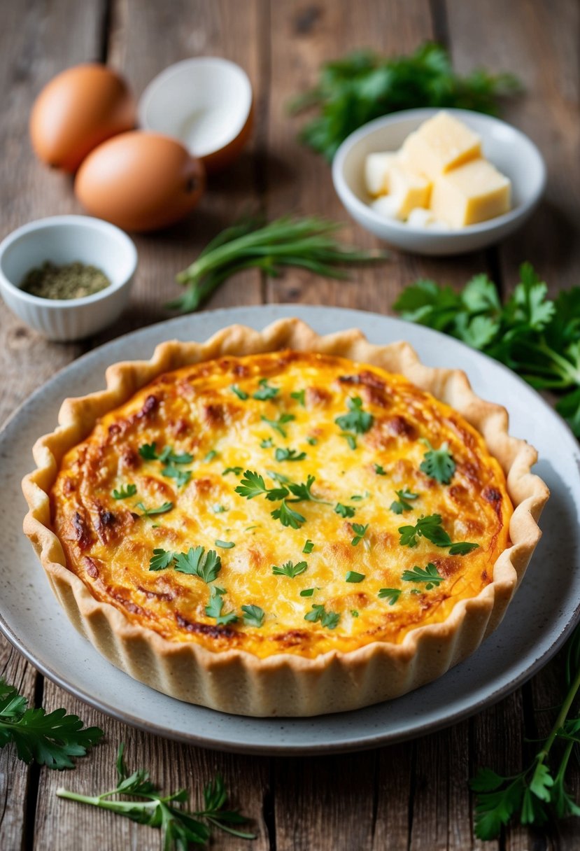 A golden-brown hash brown quiche sits on a rustic wooden table, surrounded by fresh ingredients like eggs, cheese, and herbs