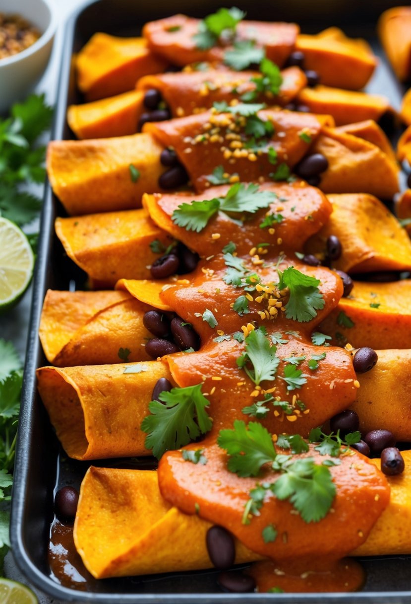 A colorful array of sweet potato and black bean enchiladas, topped with a flavorful vegan sauce and garnished with fresh herbs and spices