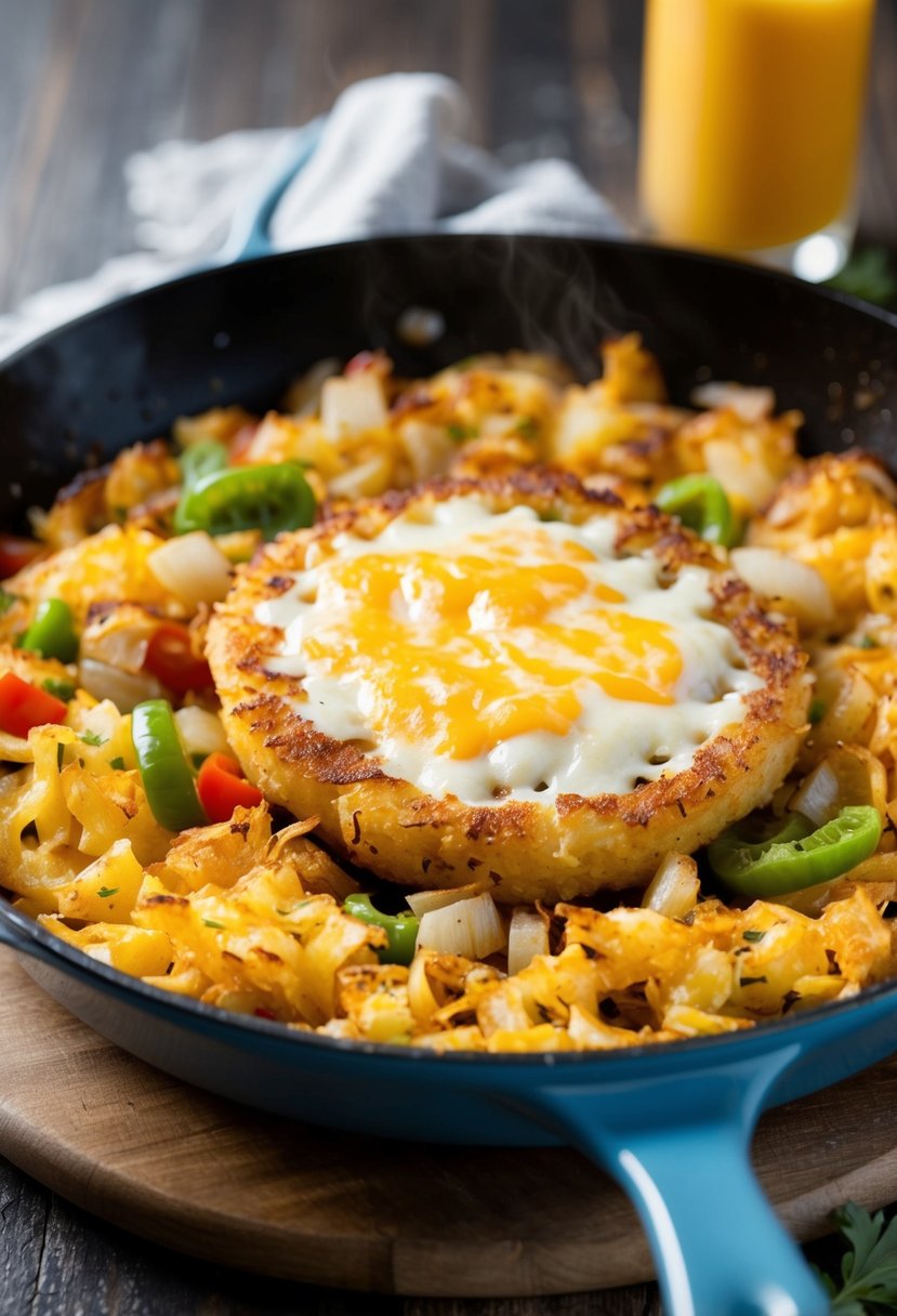 A sizzling skillet with golden hash browns, sizzling with onions, peppers, and melted cheese, ready to be served