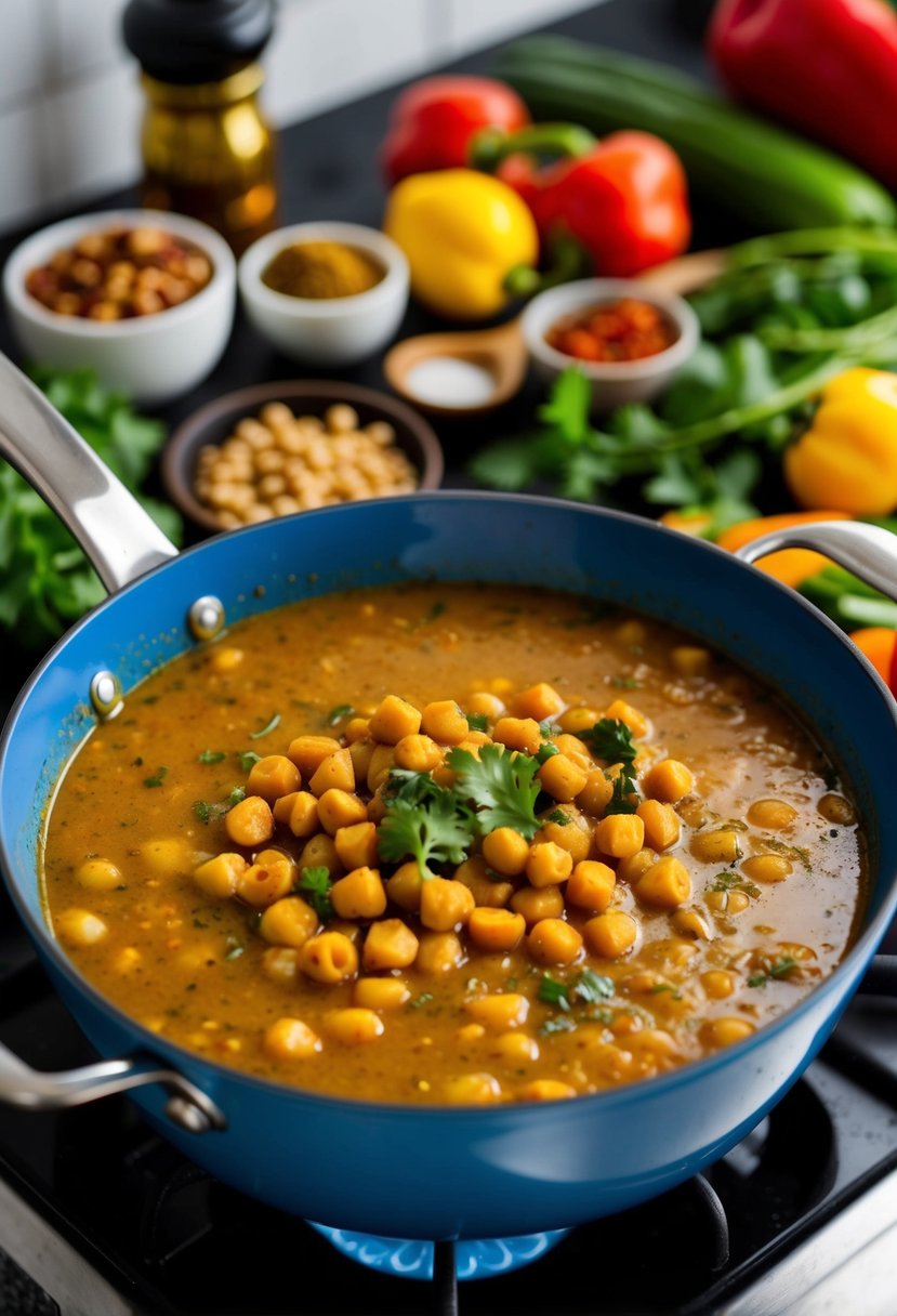 A simmering pot of curried chickpea and bean soup on a stovetop, surrounded by colorful vegetables and aromatic spices