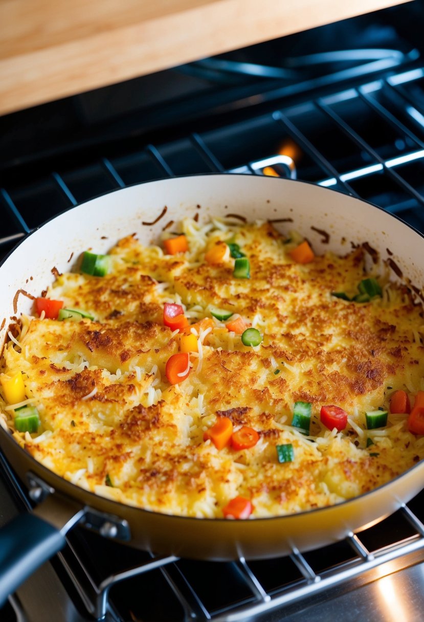 A sizzling pan of golden brown hash browns, mixed with colorful diced vegetables, bubbling in the oven