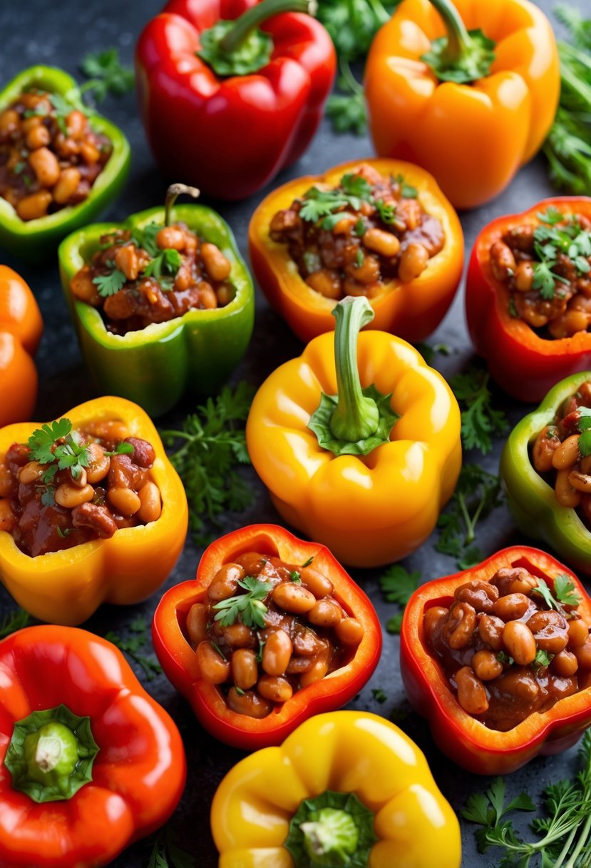 A colorful array of bell peppers stuffed with barbecue bean filling, surrounded by fresh herbs and spices