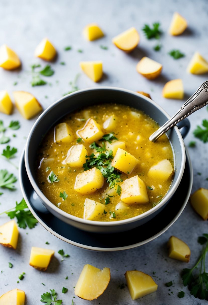 A steaming bowl of hash brown soup surrounded by scattered potato chunks and a sprinkle of herbs