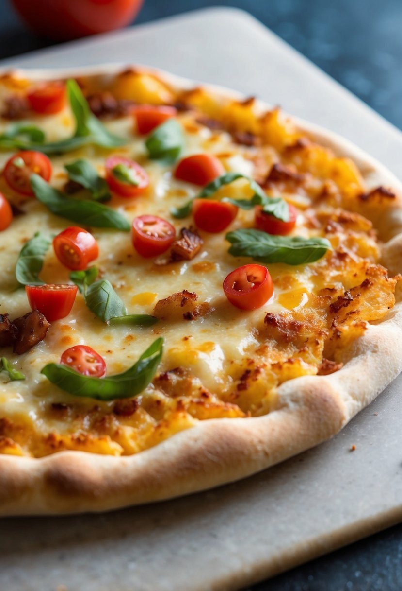 A golden hash brown pizza crust topped with savory ingredients