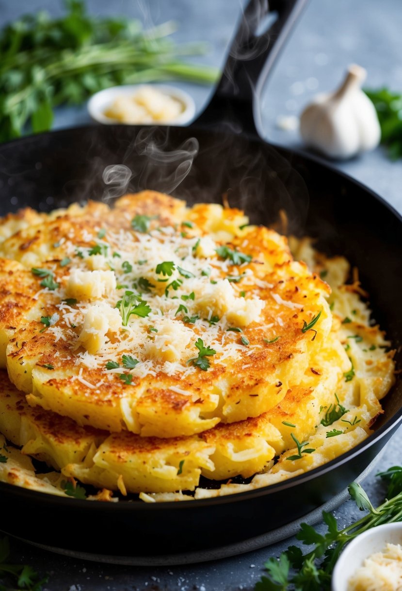 Golden hash browns sizzling in a skillet, topped with a sprinkle of garlic and Parmesan cheese, surrounded by fresh herbs and a hint of steam rising