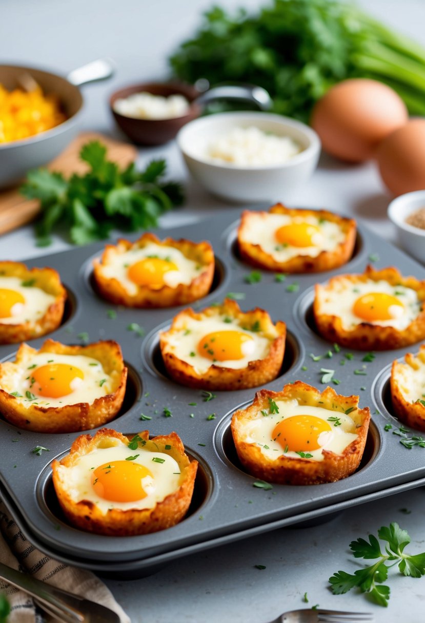 Hash brown egg cups in a muffin tin, filled with eggs and topped with cheese and herbs, surrounded by fresh ingredients and cooking utensils