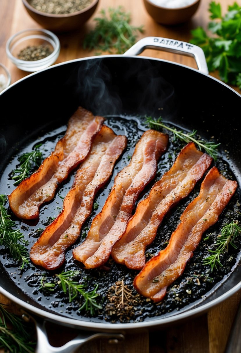 A sizzling skillet with Canadian bacon strips, surrounded by herbs and spices, ready to be cooked for a delicious recipe