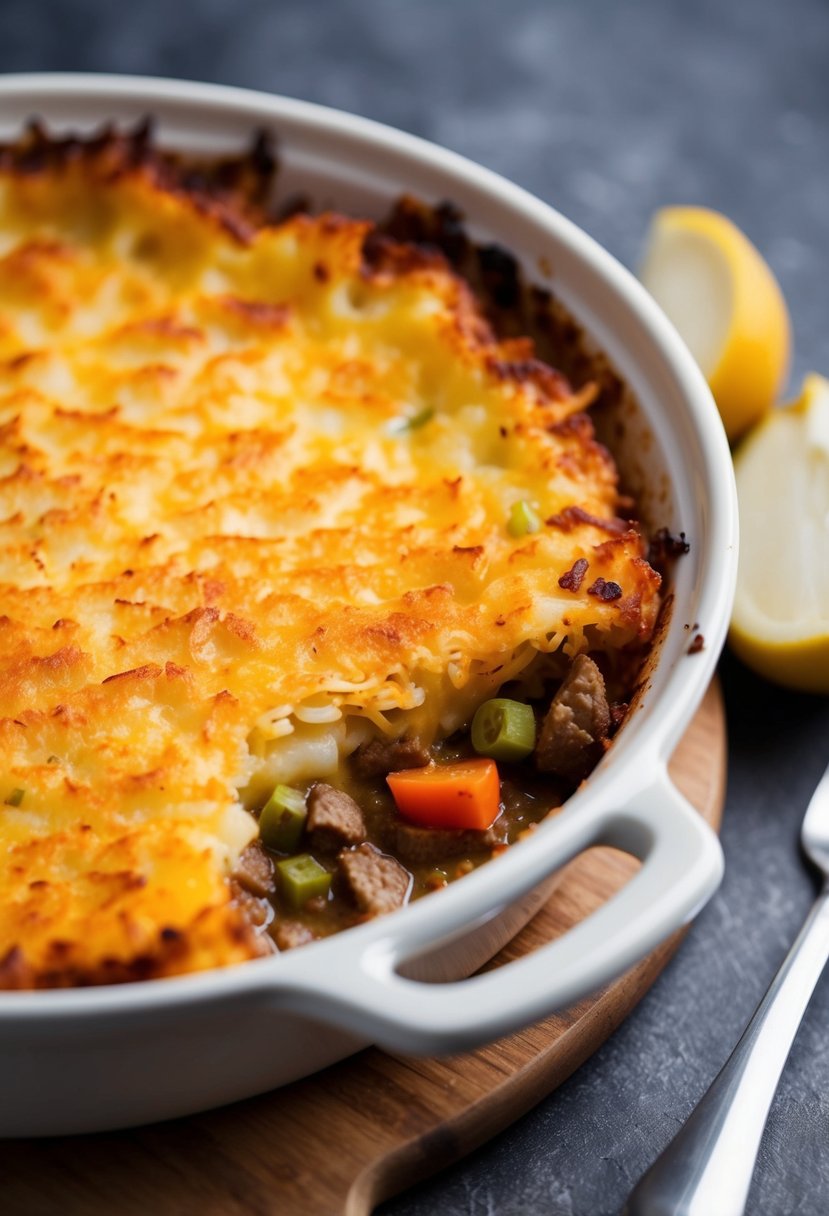 A golden, crispy layer of hash browns covers a hearty shepherd's pie filling of tender meat and vegetables in a deep dish