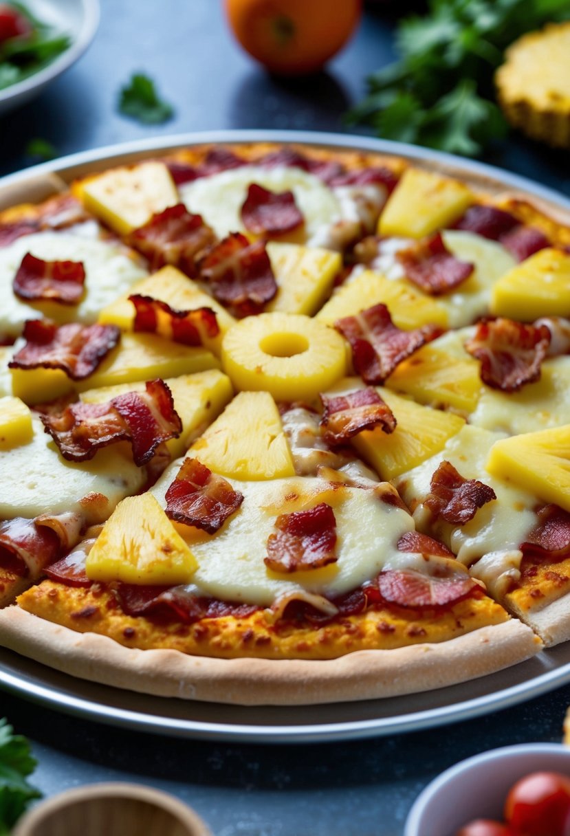 A colorful pizza with Canadian bacon and pineapple, topped with melted cheese and surrounded by fresh ingredients