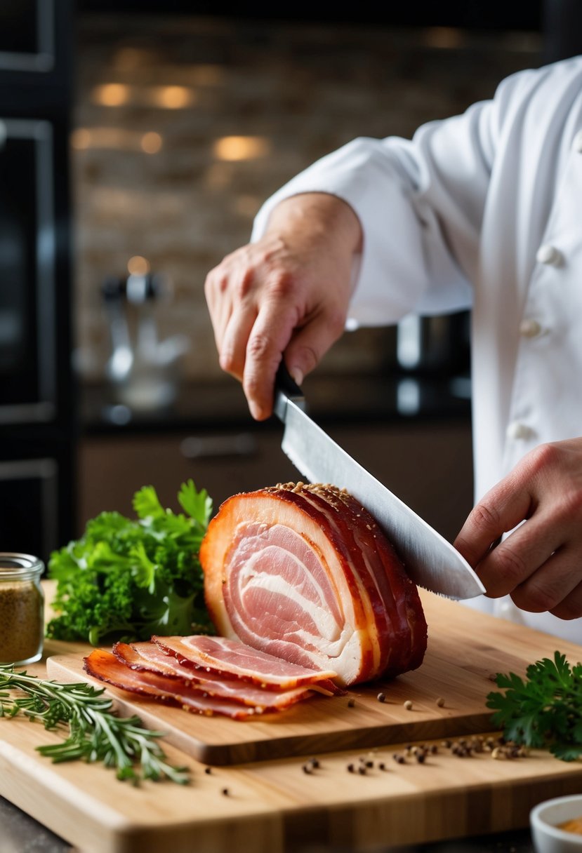 A chef skillfully slices maple-cured homemade Canadian bacon on a wooden cutting board, surrounded by fresh herbs and spices