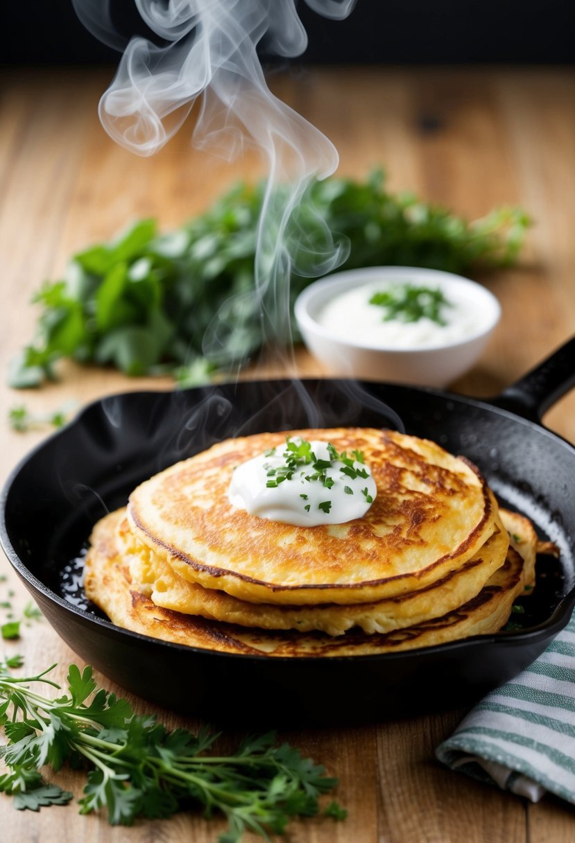 A sizzling skillet with golden brown hash brown pancakes, steam rising, surrounded by fresh herbs and a dollop of sour cream