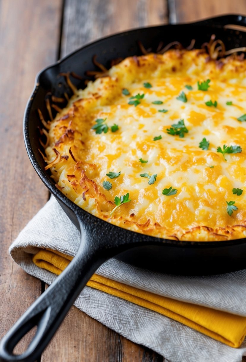 Golden hash brown gratin in a cast iron skillet with bubbling cheese and crispy edges