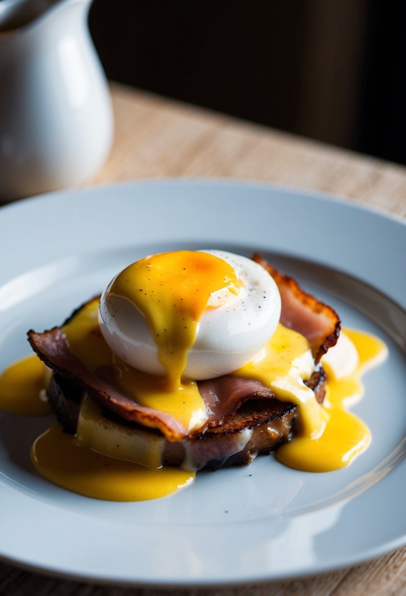 A plate holds a perfectly poached egg atop a slice of Canadian bacon, all smothered in rich hollandaise sauce