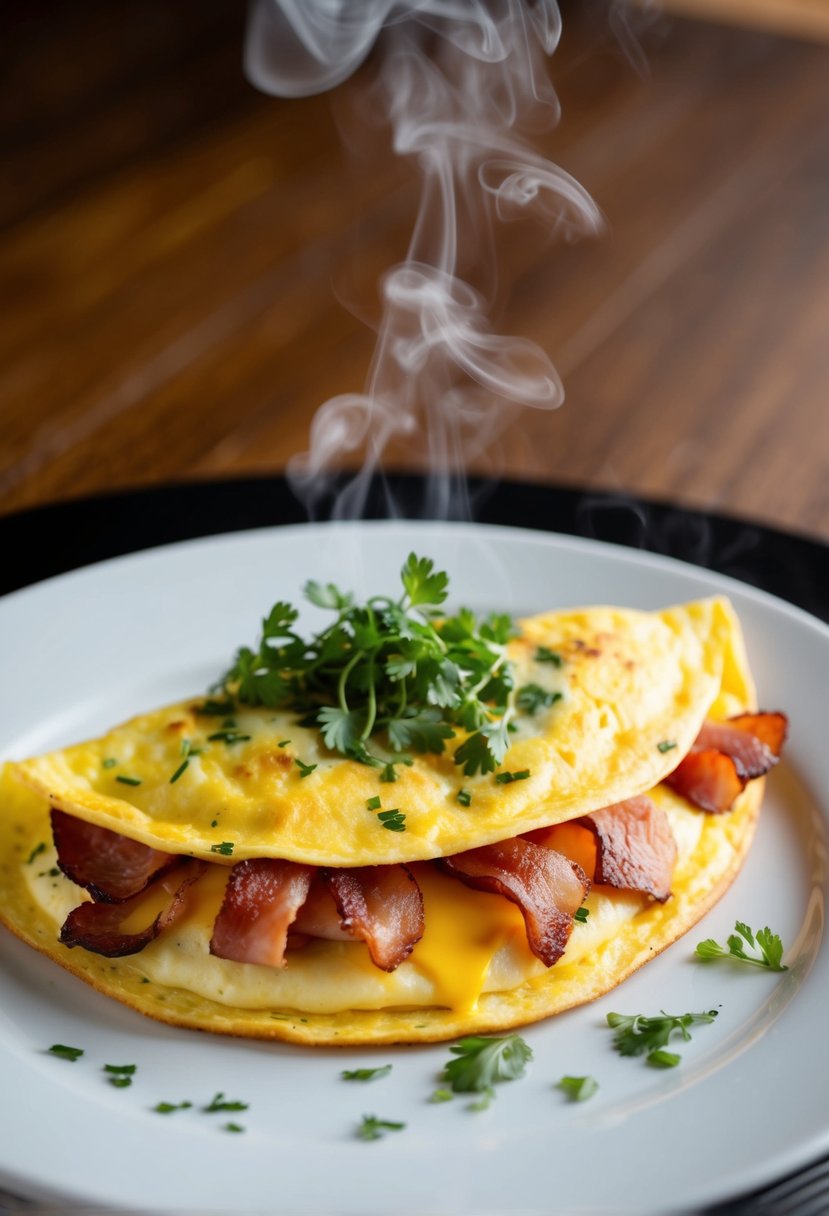 A sizzling omelet filled with Canadian bacon and melted cheese on a white plate, with steam rising and a sprinkle of fresh herbs on top