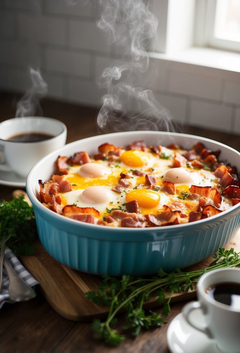 A cozy kitchen scene with a steaming casserole dish filled with Canadian bacon, eggs, and melted cheese, surrounded by fresh herbs and a cup of coffee