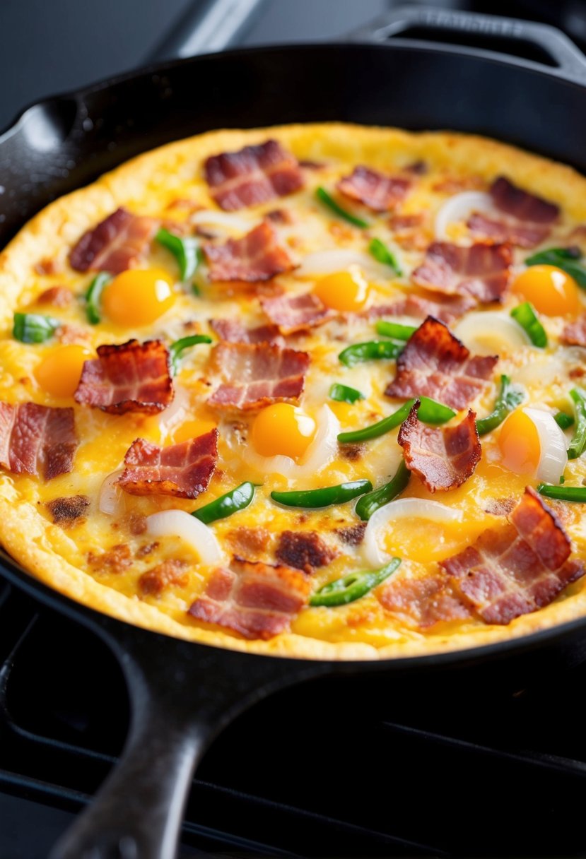 A sizzling frittata filled with Canadian bacon, onions, and peppers cooking in a cast iron skillet on a stovetop