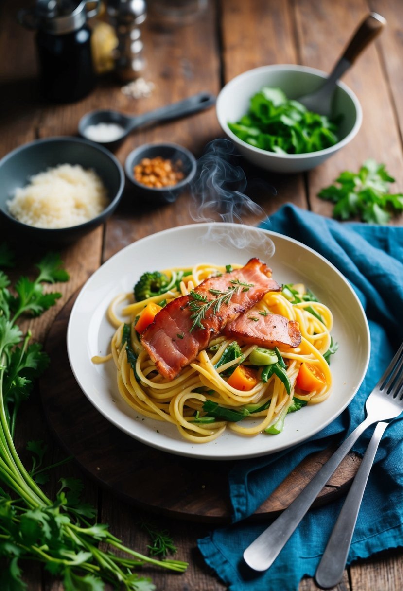 A steaming plate of Canadian bacon and veggie pasta on a rustic wooden table, surrounded by fresh ingredients and cooking utensils