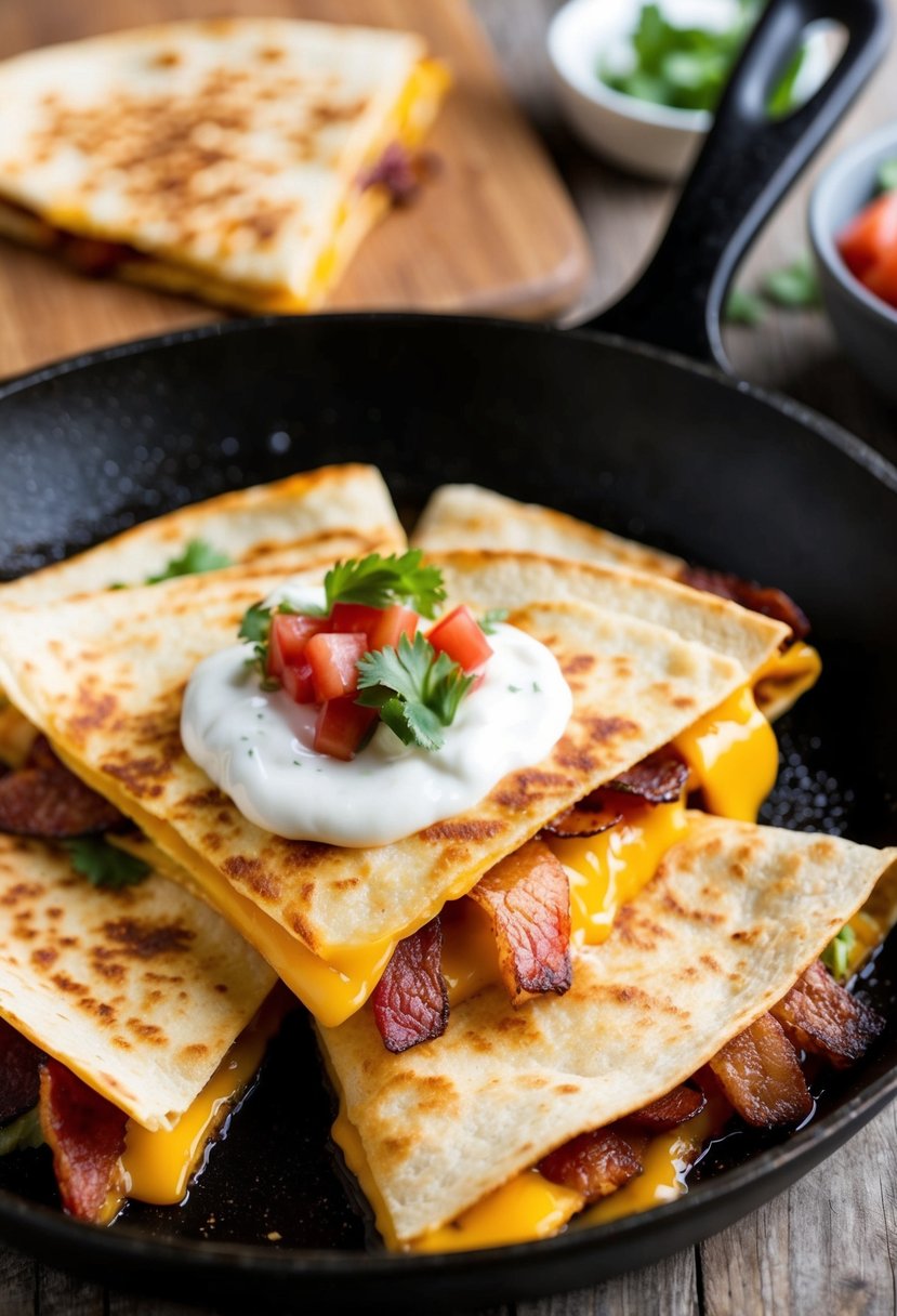 A sizzling skillet with golden-brown quesadillas filled with Canadian bacon, oozing cheese, and topped with fresh salsa and sour cream