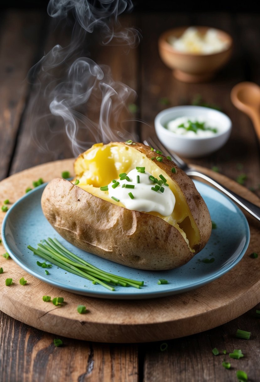 A steaming baked potato sits on a rustic wooden cutting board, surrounded by a dollop of creamy sour cream and a sprinkle of chives