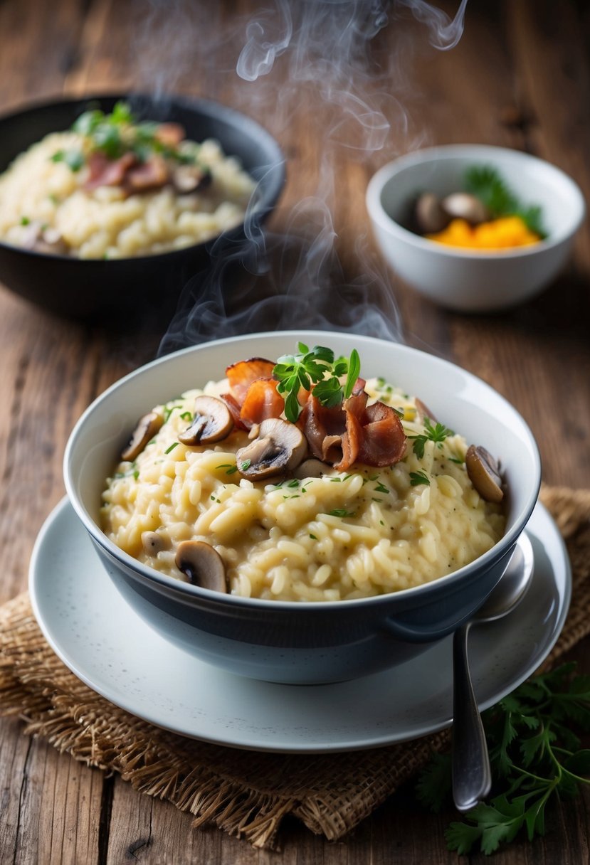 A steaming pot of creamy risotto with Canadian bacon and mushrooms, garnished with fresh herbs, sits on a rustic wooden table