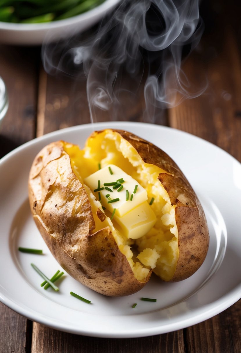 A golden baked potato split open, steaming, with a dollop of melting butter and a sprinkling of fresh chives