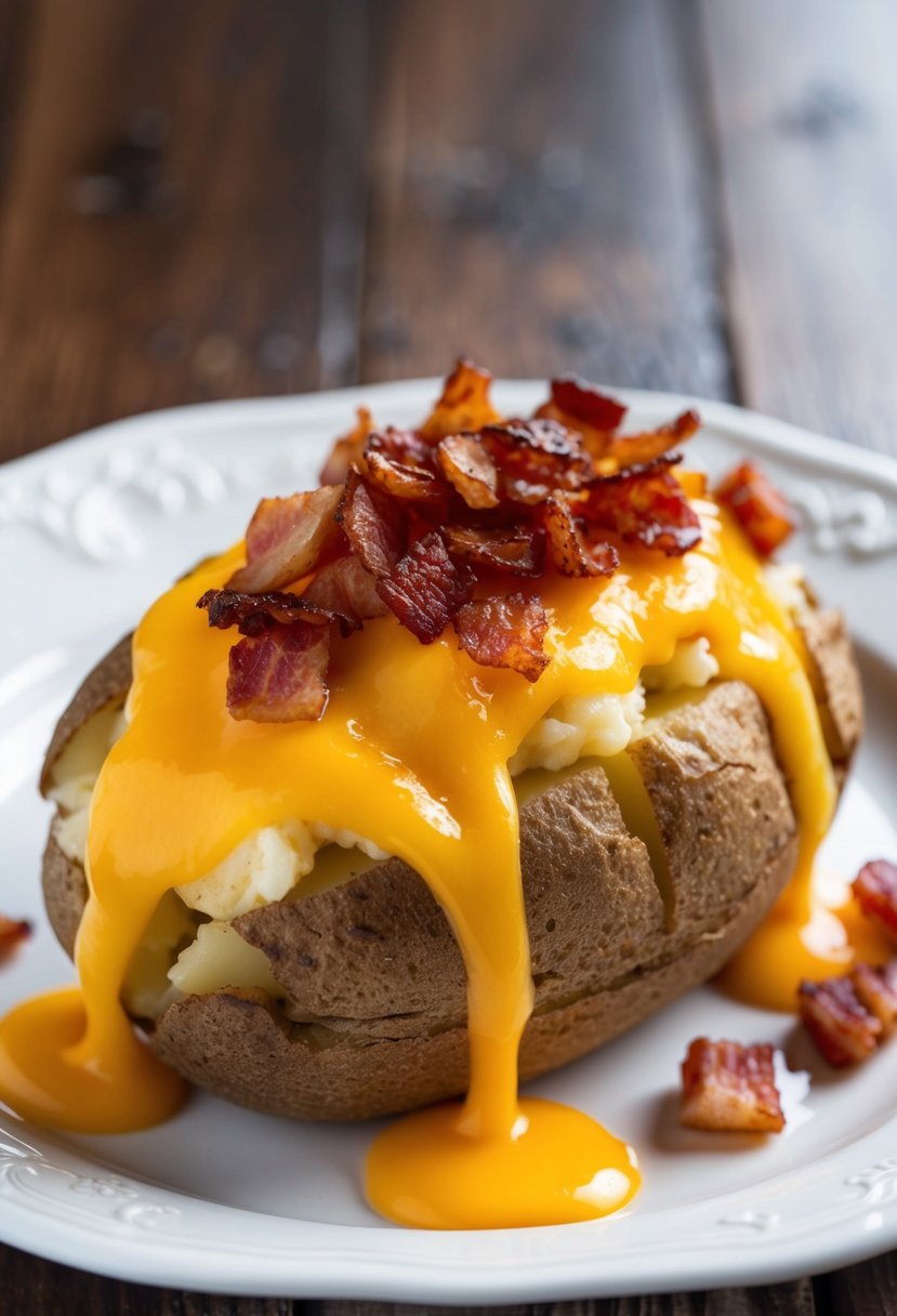 A golden-brown twice baked potato, oozing with melted cheese and topped with crispy bacon bits, sits on a white porcelain plate