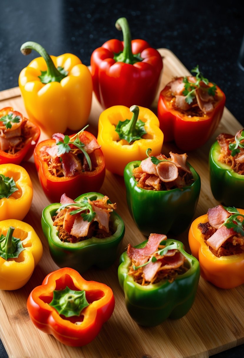 A colorful array of bell peppers, sliced and stuffed with savory Canadian bacon and other ingredients, arranged on a wooden cutting board