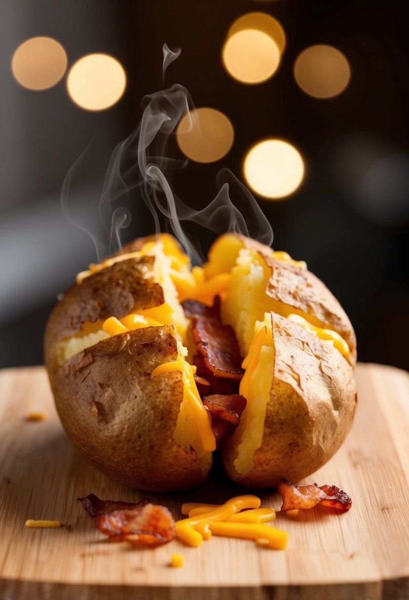 A golden-brown baked potato split open to reveal a steaming, cheesy, bacon-filled interior