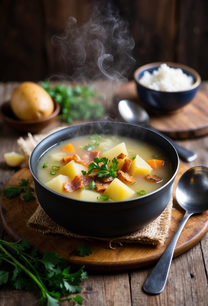 A steaming pot of Canadian Bacon and Potato Soup sits on a rustic wooden table, surrounded by fresh ingredients and a ladle