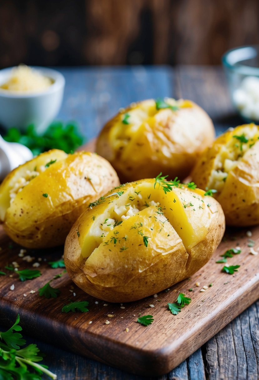 Golden baked potatoes with garlic and herb seasoning, resting on a rustic wooden cutting board