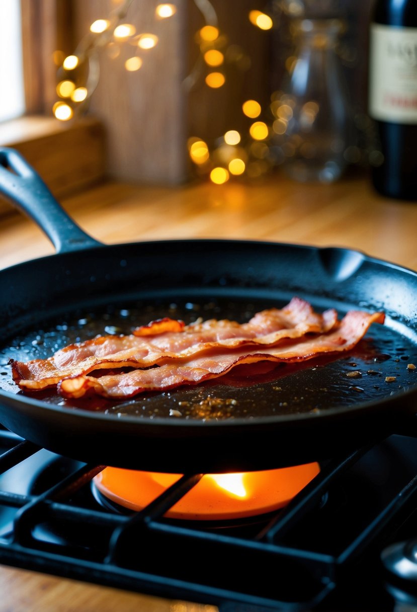 A sizzling slice of maple-glazed Canadian bacon on a sizzling skillet