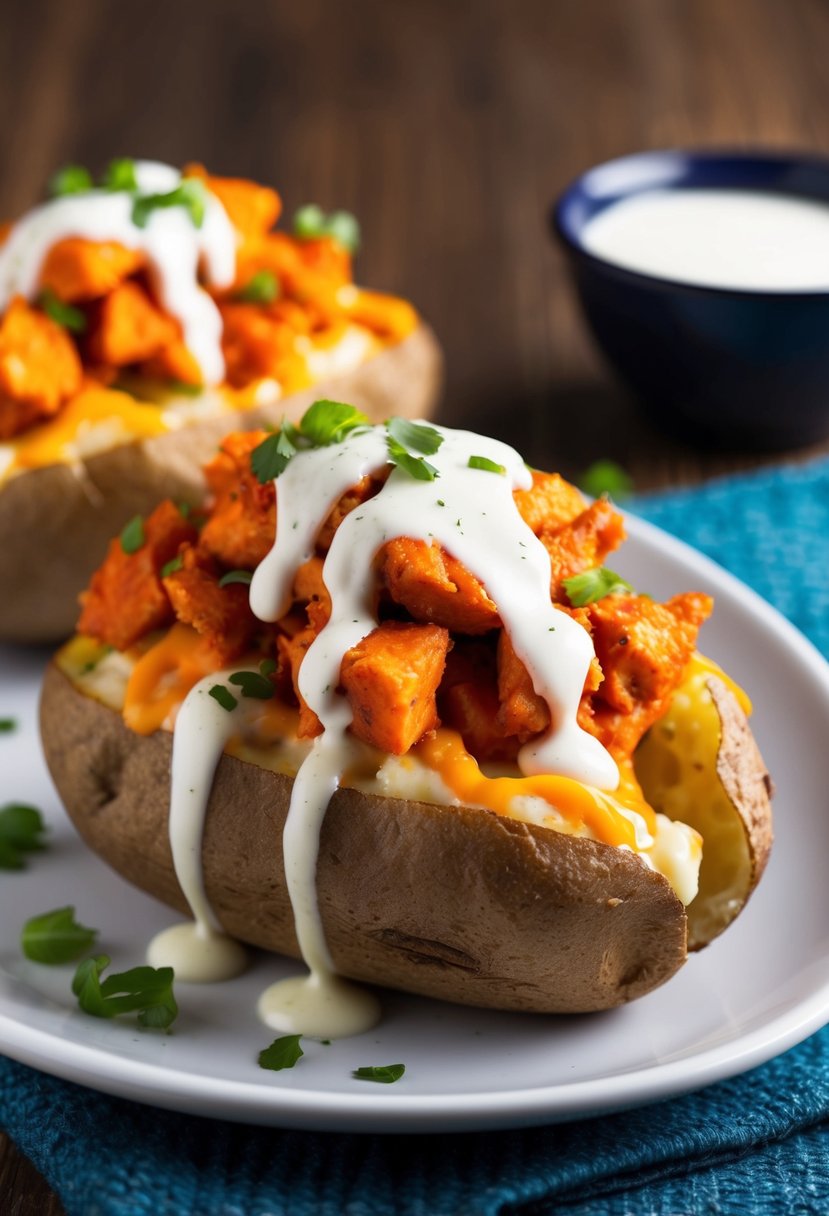 A steaming baked potato topped with spicy buffalo chicken, melted cheese, and a drizzle of ranch dressing