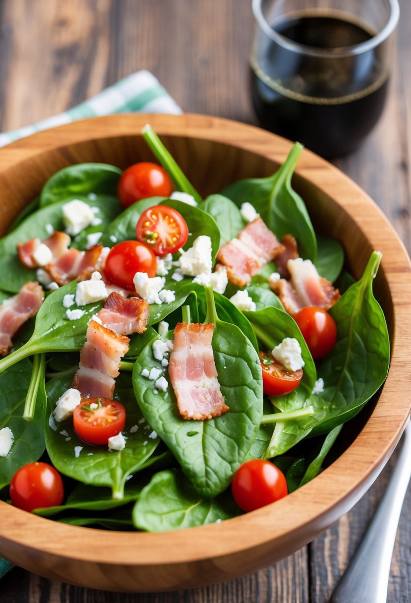 A wooden bowl filled with fresh spinach leaves, topped with slices of Canadian bacon, cherry tomatoes, and crumbled feta cheese, drizzled with a light vinaigrette dressing