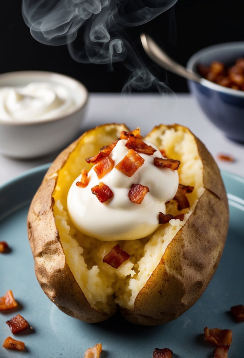 A steaming baked potato split open, topped with dollops of sour cream, sprinkled with crispy bacon bits