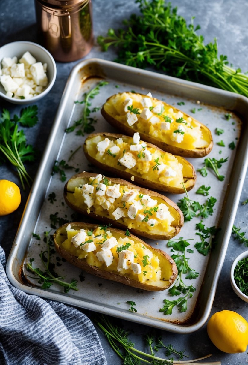 A rustic kitchen counter with a tray of Mediterranean-style baked potatoes topped with crumbled feta, surrounded by fresh herbs and colorful ingredients