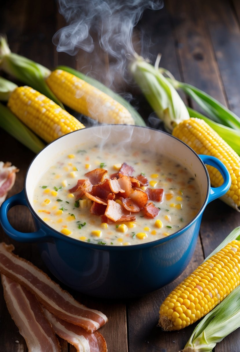 A steaming pot of Canadian Bacon and Corn Chowder surrounded by fresh corn cobs and strips of savory bacon