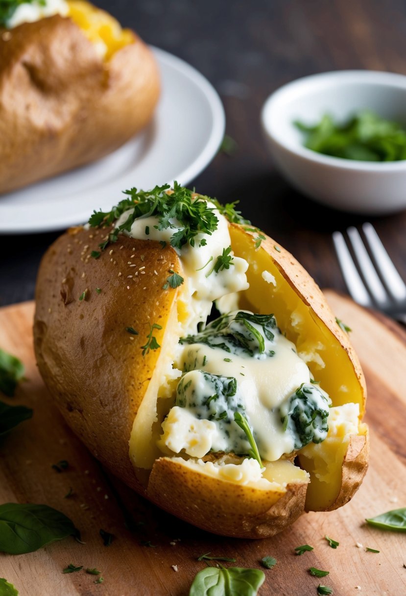 A golden baked potato split open, oozing with creamy spinach and cheese filling, topped with a sprinkle of herbs