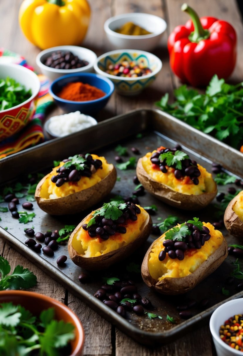 A rustic kitchen table with a tray of Mexican-style baked potatoes topped with black beans, surrounded by colorful ingredients and spices