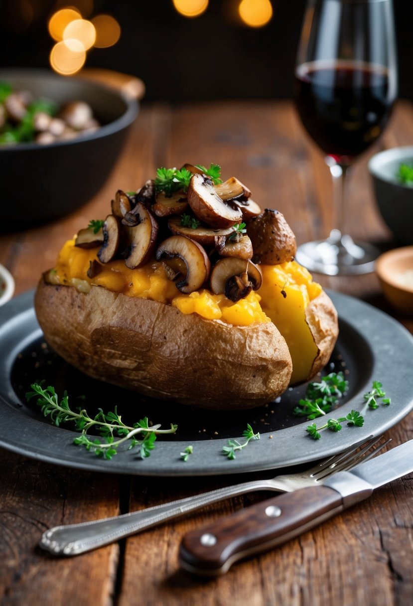 A sizzling steakhouse-style baked potato topped with savory mushrooms, surrounded by a rustic table setting with a steak knife and fork