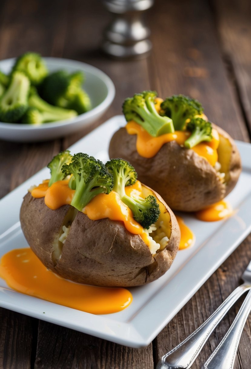 Baked potatoes topped with broccoli and melted cheese on a rustic wooden table