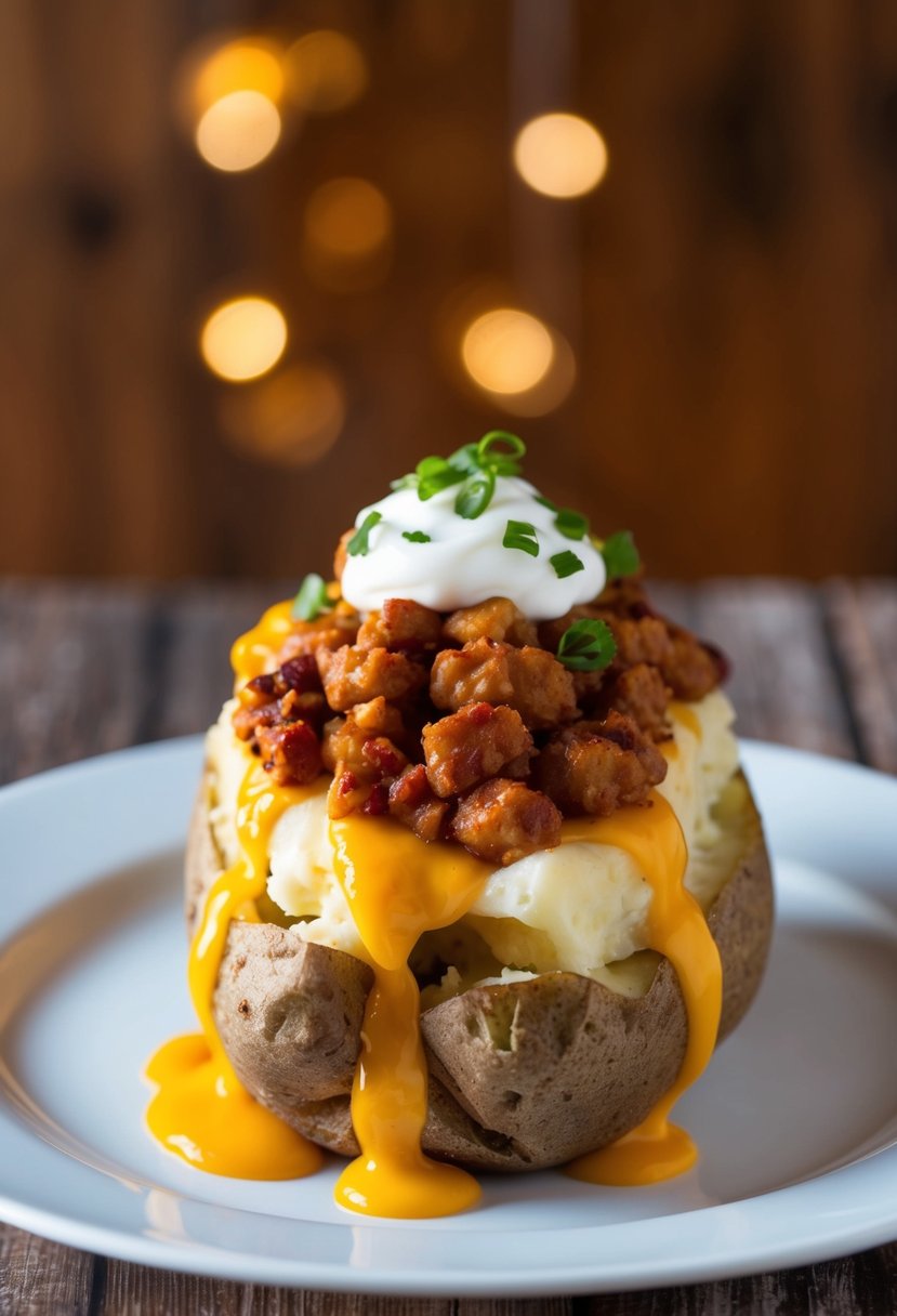 A steaming baked potato topped with chili, melted cheese, and a dollop of sour cream on a white plate