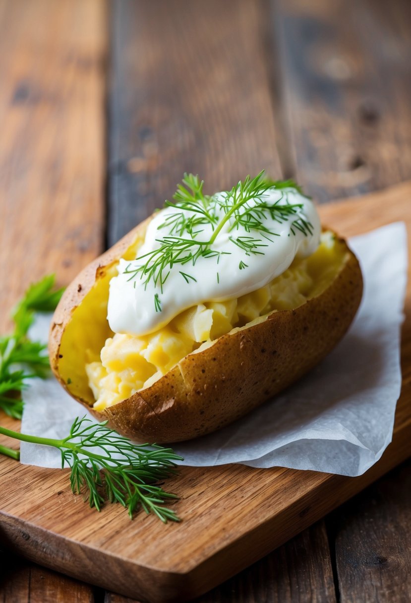 A golden-brown baked potato topped with creamy Greek yogurt and fresh dill, sitting on a rustic wooden cutting board