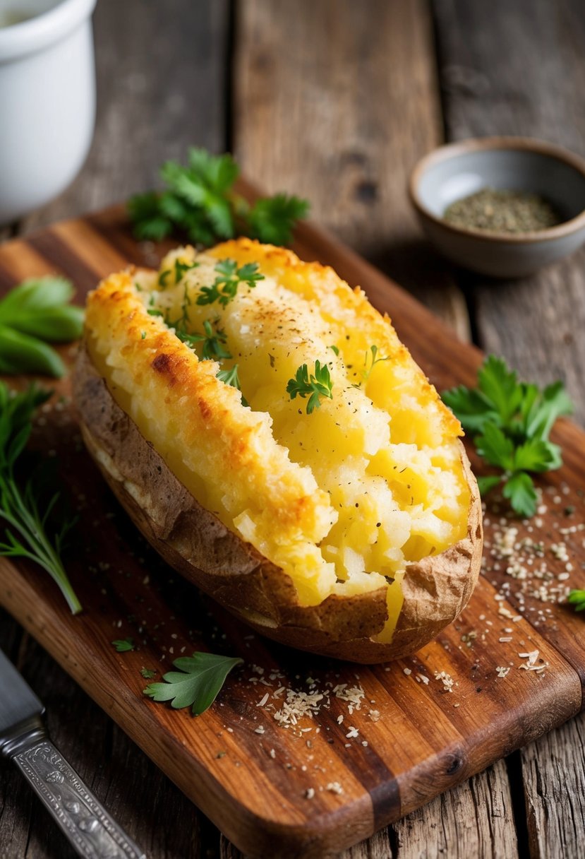 A golden-brown Parmesan crusted baked potato sits on a rustic wooden cutting board, garnished with fresh herbs and cracked black pepper